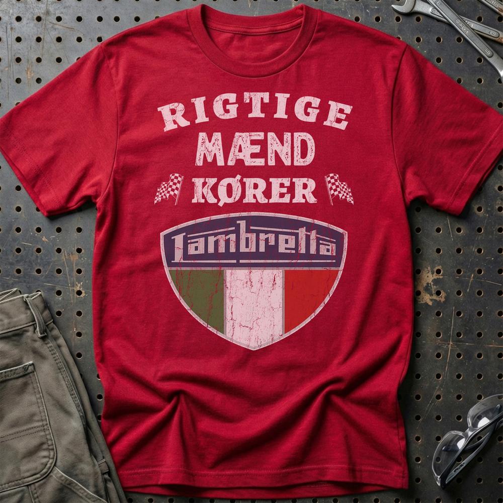 Lambretta Rigtige Mænd Kører T-Shirt-Beklædning-Lambretta-Rød-S-Garage Culture Shop- garage - man cave - merchandise