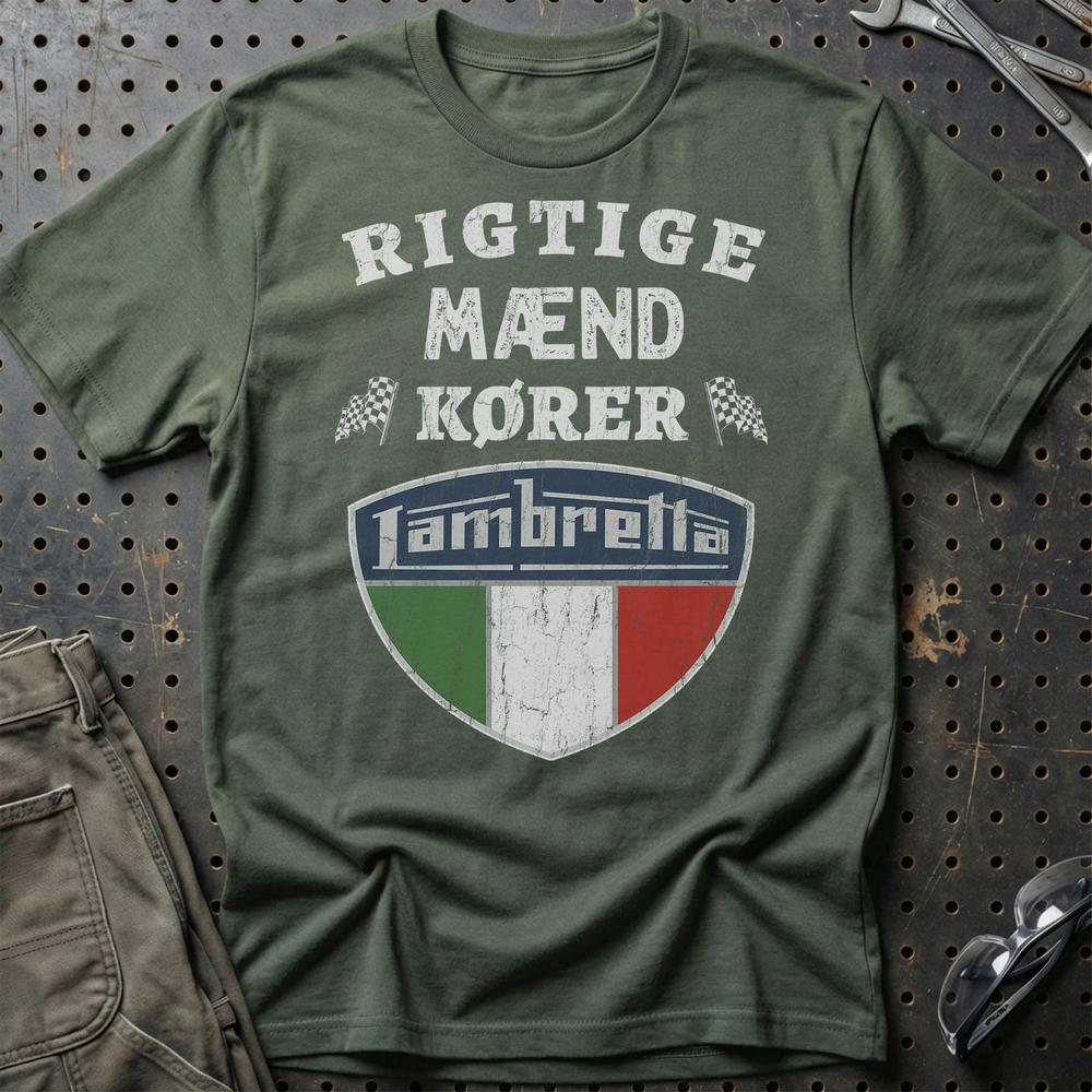 Lambretta Rigtige Mænd Kører T-Shirt-Beklædning-Lambretta-Grøn Militær-S-Garage Culture Shop- garage - man cave - merchandise