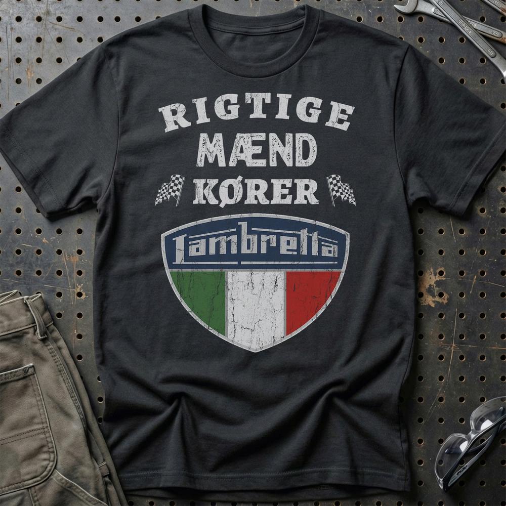 Lambretta Rigtige Mænd Kører T-Shirt-Beklædning-Lambretta-Sort-S-Garage Culture Shop- garage - man cave - merchandise