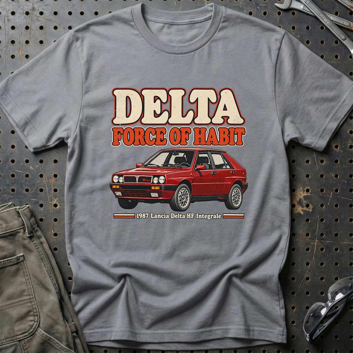 
Lancia Delta HF Integrale 1987 – Delta Force of Habit T-Shirt – Grå Sport