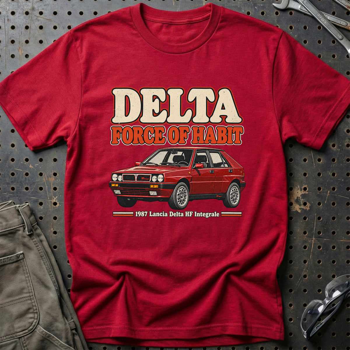 
Lancia Delta HF Integrale 1987 – Delta Force of Habit T-Shirt – Rød