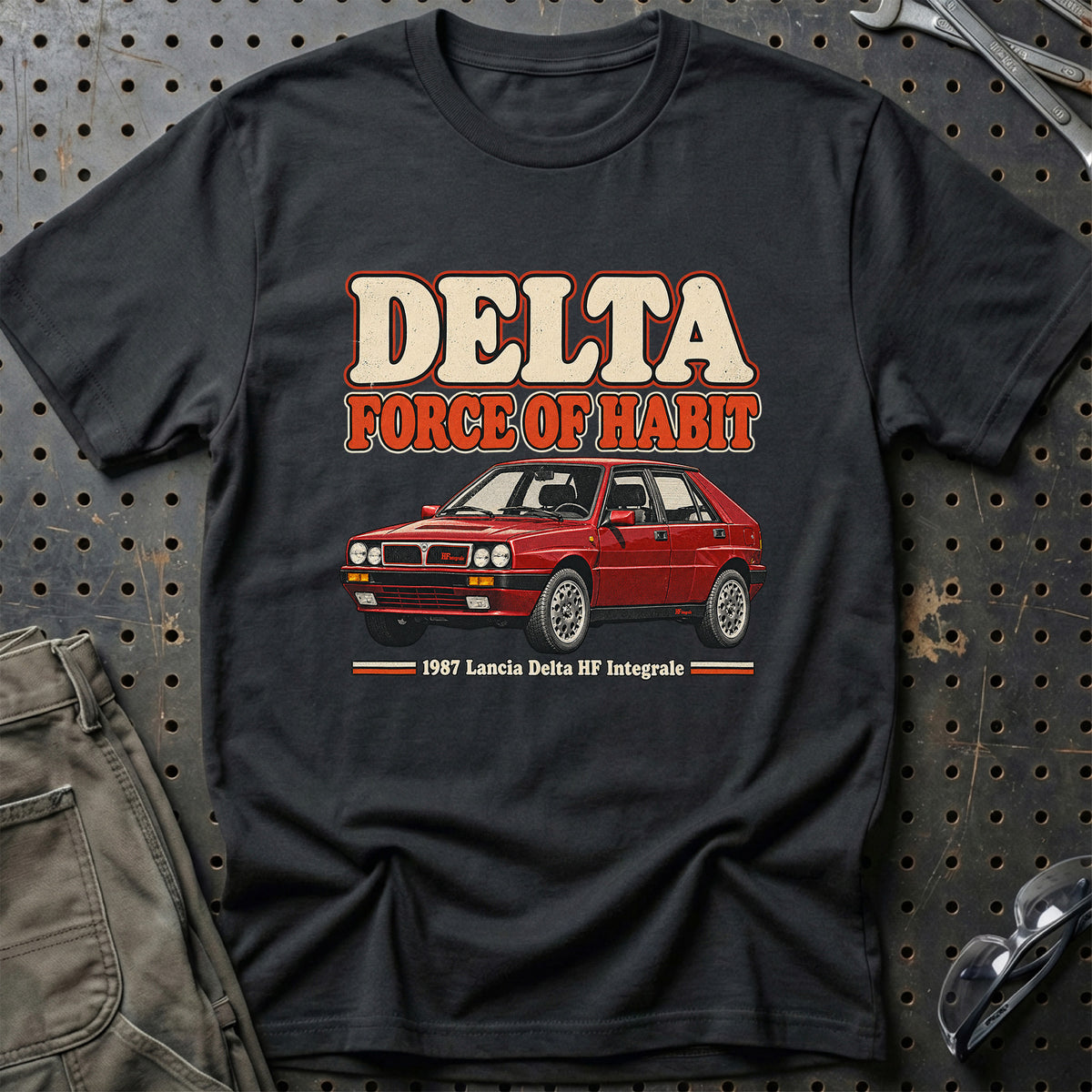 
Lancia Delta HF Integrale 1987 – Delta Force of Habit T-Shirt – Sort