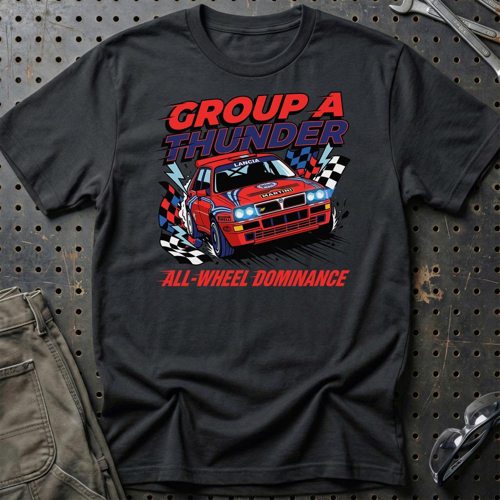 Lancia Delta Integrale Group A Thunder All-Wheel Dominance T-Shirt-Beklædning-Lancia-Sort-S-Garage Culture Shop- garage - man cave - merchandise