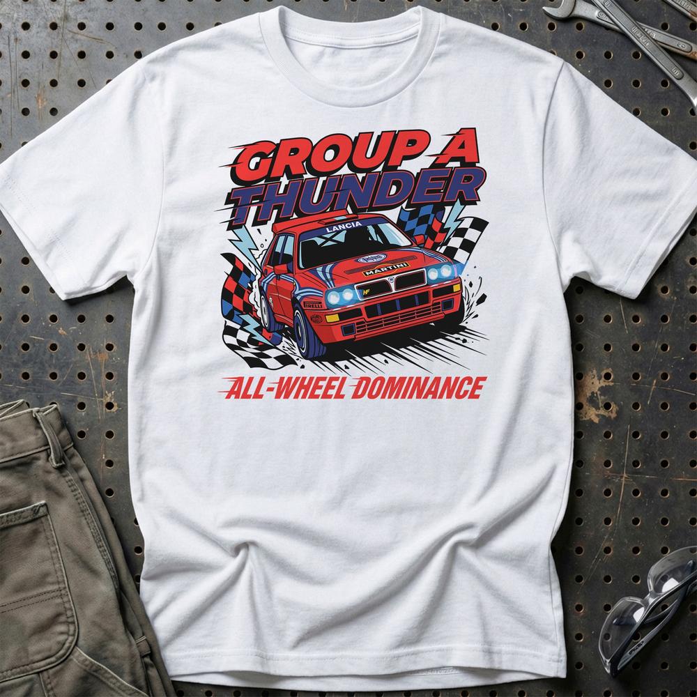 Lancia Delta Integrale Group A Thunder All-Wheel Dominance - Unisex T-Shirt , Bomuld-Beklædning-Lancia-Hvid-S-Garage Culture Shop- garage - man cave - merchandise