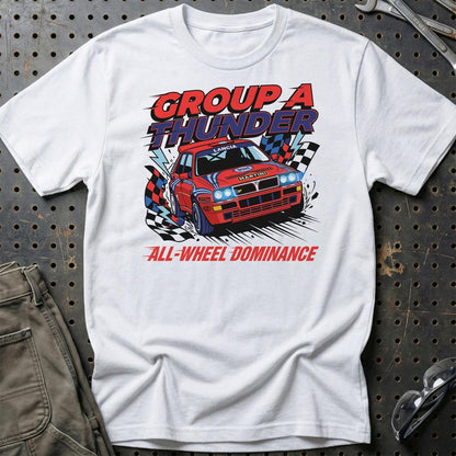 Lancia Delta Integrale Group A Thunder All-Wheel Dominance - Unisex T-Shirt , Bomuld-Beklædning-Lancia-Hvid-S-Garage Culture Shop- garage - man cave - merchandise