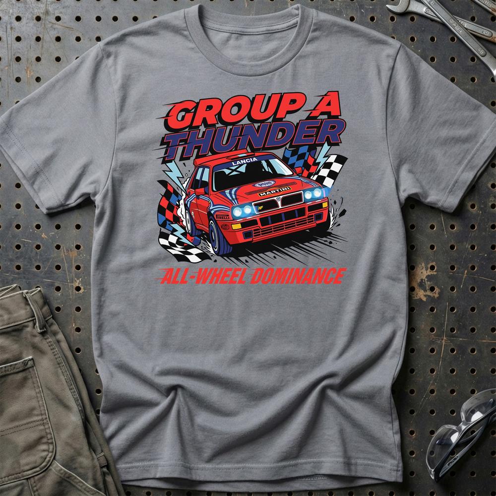 Lancia Delta Integrale Group A Thunder All-Wheel Dominance - Unisex T-Shirt , Bomuld-Beklædning-Lancia-Grå Sport-S-Garage Culture Shop- garage - man cave - merchandise