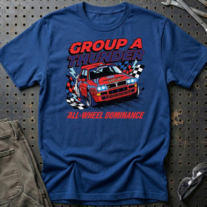 Lancia Delta Integrale Group A Thunder All-Wheel Dominance - Unisex T-Shirt , Bomuld-Beklædning-Lancia-Blå Royal-S-Garage Culture Shop- garage - man cave - merchandise