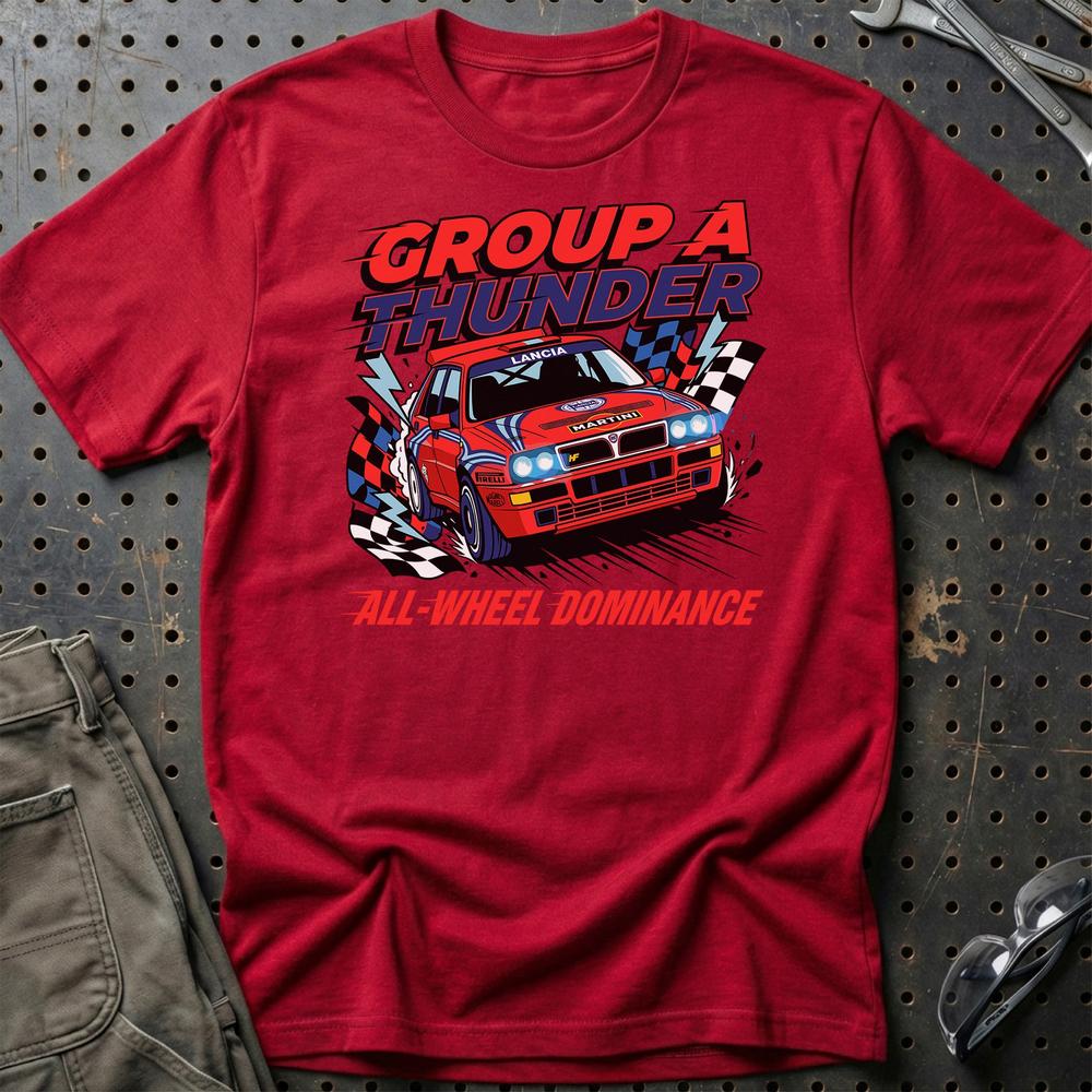 Lancia Delta Integrale Group A Thunder All-Wheel Dominance - Unisex T-Shirt , Bomuld-Beklædning-Lancia-Rød-S-Garage Culture Shop- garage - man cave - merchandise