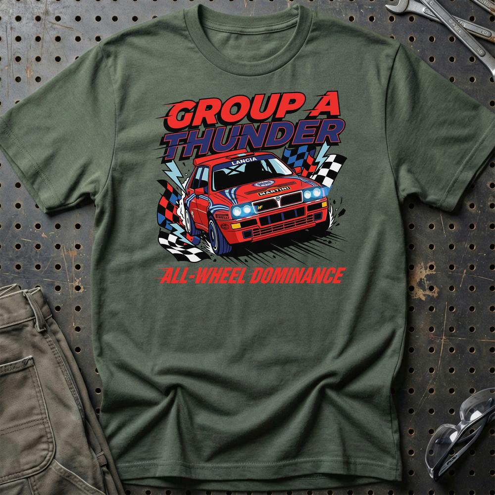Lancia Delta Integrale Group A Thunder All-Wheel Dominance - Unisex T-Shirt , Bomuld-Beklædning-Lancia-Grøn Militær-S-Garage Culture Shop- garage - man cave - merchandise