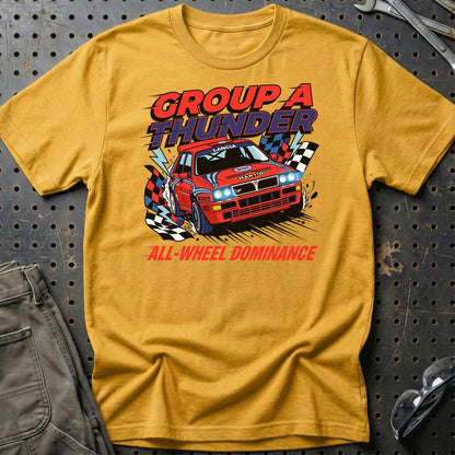 Lancia Delta Integrale Group A Thunder All-Wheel Dominance - Unisex T-Shirt , Bomuld-Beklædning-Lancia-Guld-S-Garage Culture Shop- garage - man cave - merchandise