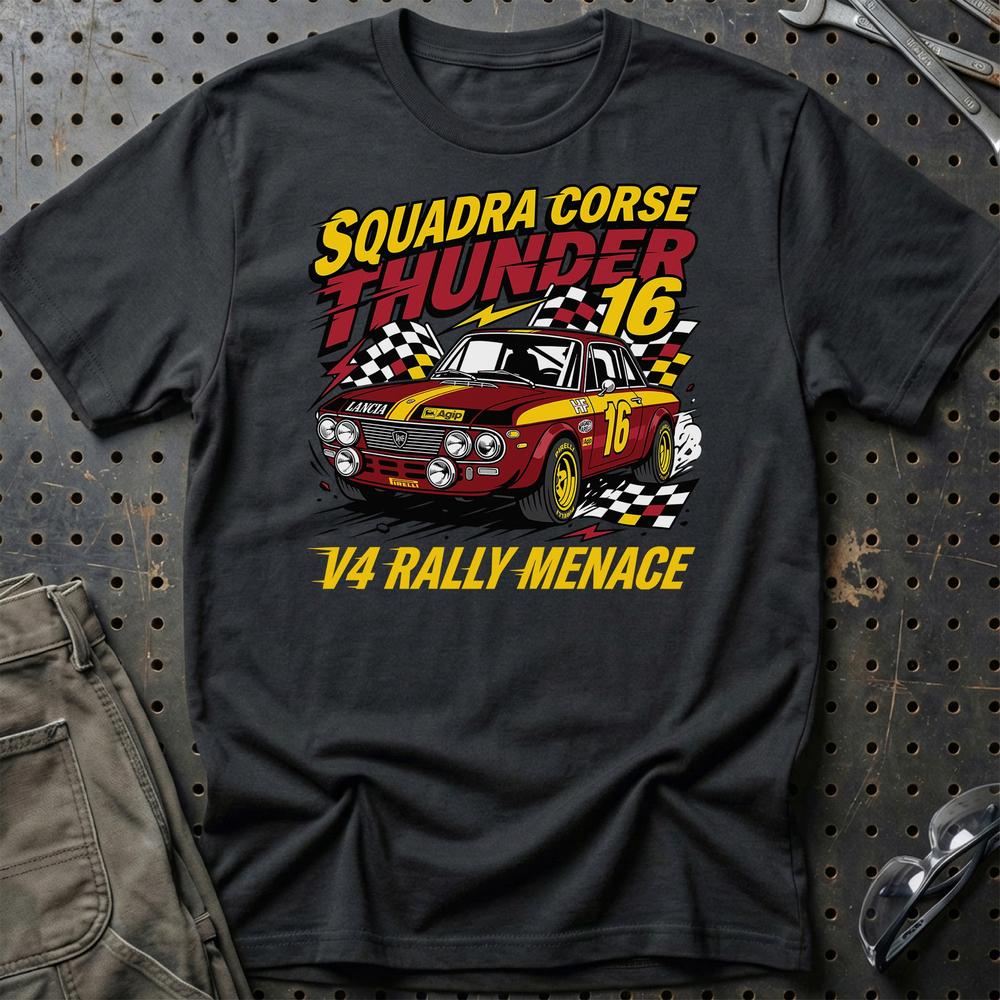 Lancia Fulvia Squadra Corse Thunder V4 Rally Menace T-Shirt-Beklædning-Lancia-Sort-S-Garage Culture Shop- garage - man cave - merchandise