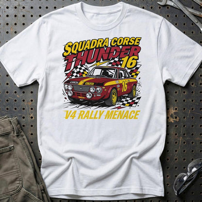 Lancia Fulvia Squadra Corse Thunder V4 Rally Menace - Unisex T-Shirt , Bomuld-Beklædning-Lancia-Hvid-S-Garage Culture Shop- garage - man cave - merchandise