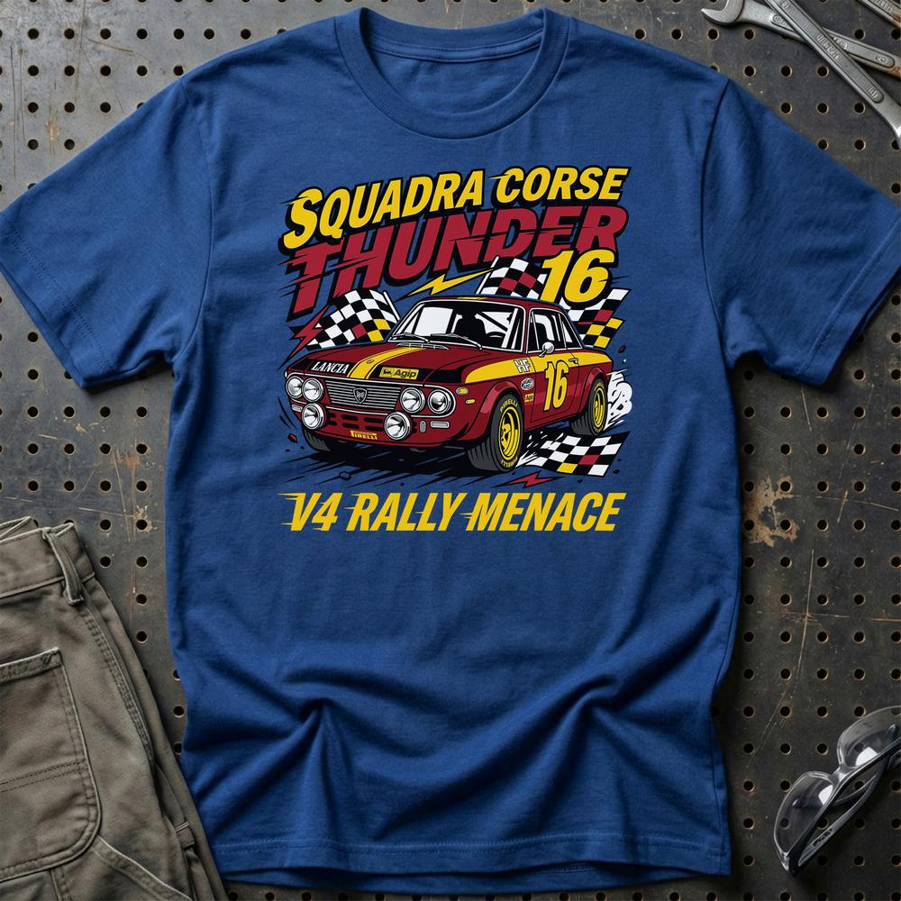 Lancia Fulvia Squadra Corse Thunder V4 Rally Menace - Unisex T-Shirt , Bomuld-Beklædning-Lancia-Blå Royal-S-Garage Culture Shop- garage - man cave - merchandise