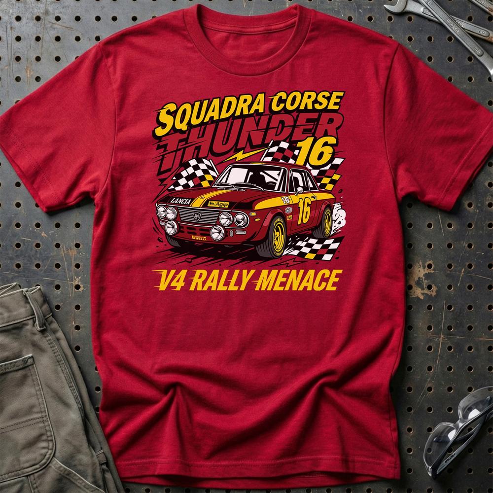 Lancia Fulvia Squadra Corse Thunder V4 Rally Menace - Unisex T-Shirt , Bomuld-Beklædning-Lancia-Rød-S-Garage Culture Shop- garage - man cave - merchandise