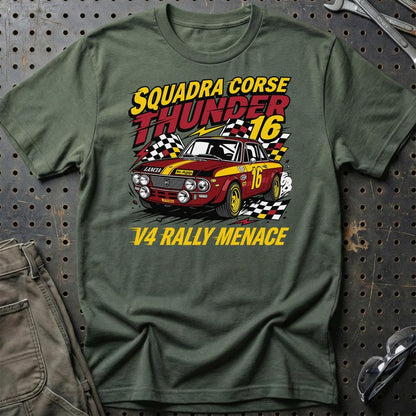 Lancia Fulvia Squadra Corse Thunder V4 Rally Menace - Unisex T-Shirt , Bomuld-Beklædning-Lancia-Grøn Militær-S-Garage Culture Shop- garage - man cave - merchandise