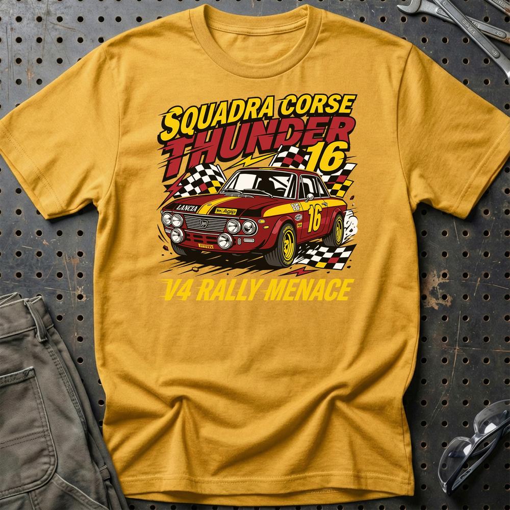 Lancia Fulvia Squadra Corse Thunder V4 Rally Menace - Unisex T-Shirt , Bomuld-Beklædning-Lancia-Guld-S-Garage Culture Shop- garage - man cave - merchandise