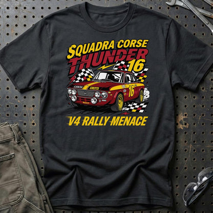 Lancia Fulvia Squadra Corse Thunder V4 Rally Menace - Unisex T-Shirt , Bomuld-Beklædning-Lancia-Sort-S-Garage Culture Shop- garage - man cave - merchandise