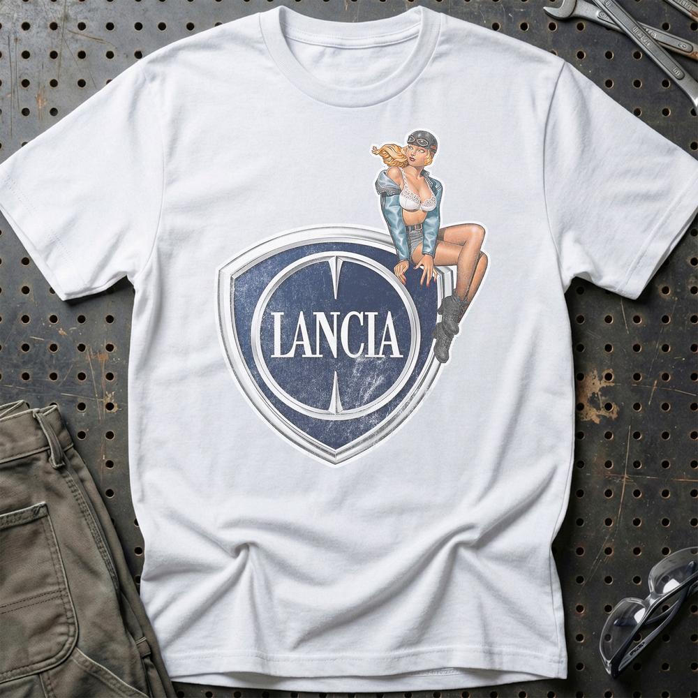 Lancia Pinup T-Shirt-Beklædning-Lancia-Hvid-S-Garage Culture Shop- garage - man cave - merchandise