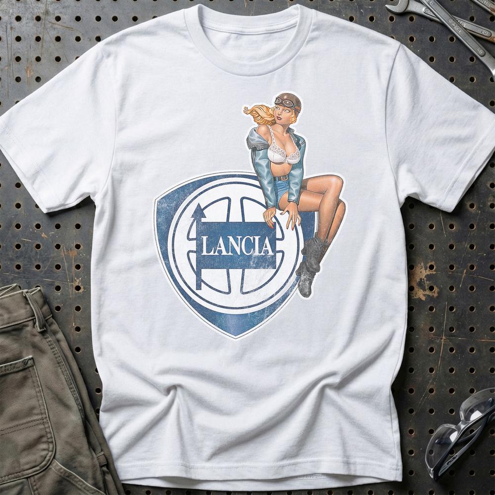 Lancia Pinup T-Shirt-Beklædning-Lancia-Hvid-S-Garage Culture Shop- garage - man cave - merchandise