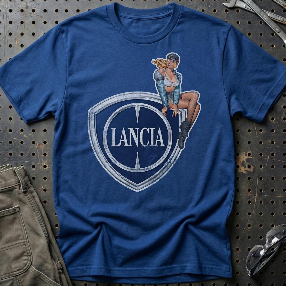 Lancia Pinup T-Shirt-Beklædning-Lancia-Blå Royal-S-Garage Culture Shop- garage - man cave - merchandise