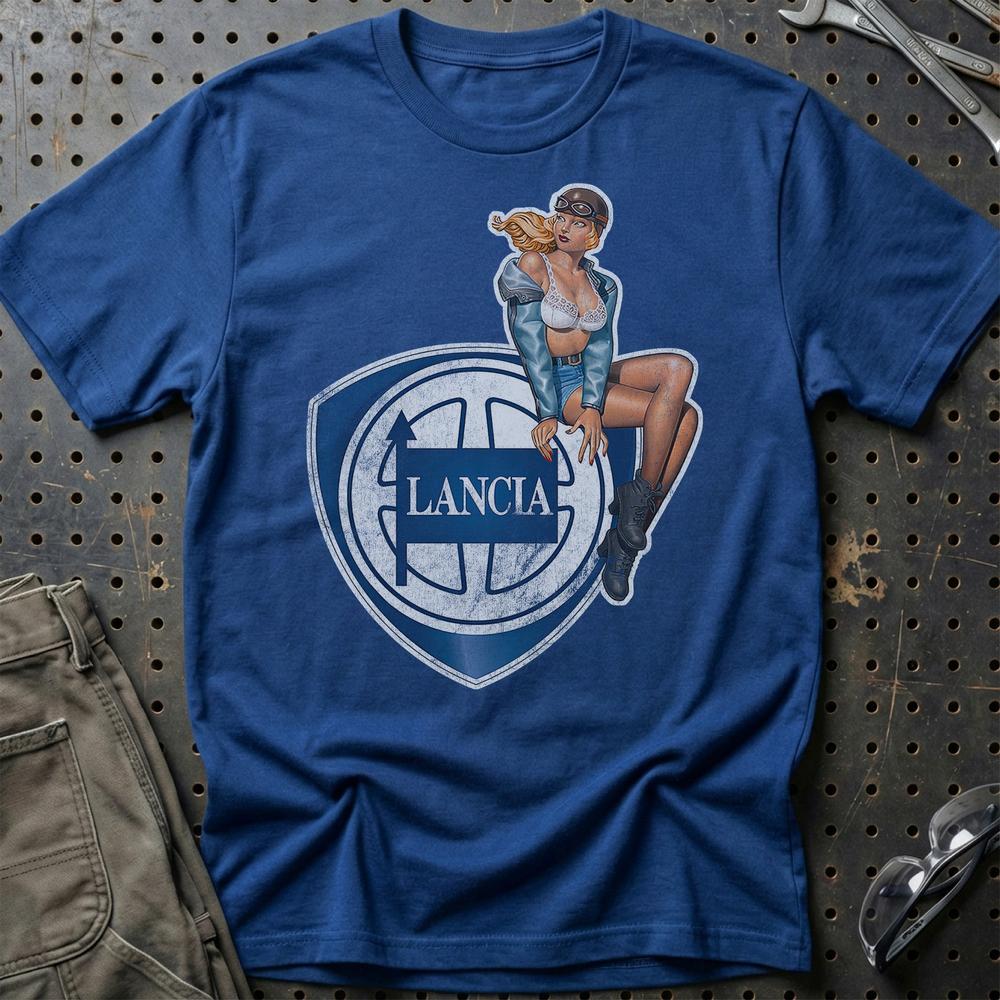 Lancia Pinup T-Shirt-Beklædning-Lancia-Blå Royal-S-Garage Culture Shop- garage - man cave - merchandise