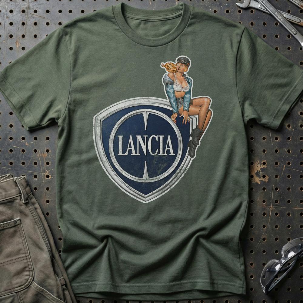 Lancia Pinup T-Shirt-Beklædning-Lancia-Grøn Militær-S-Garage Culture Shop- garage - man cave - merchandise