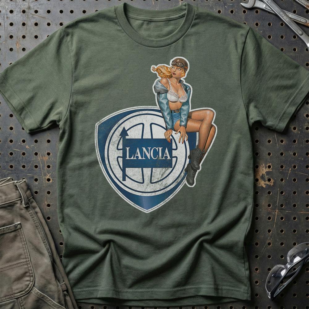 Lancia Pinup T-Shirt-Beklædning-Lancia-Grøn Militær-S-Garage Culture Shop- garage - man cave - merchandise