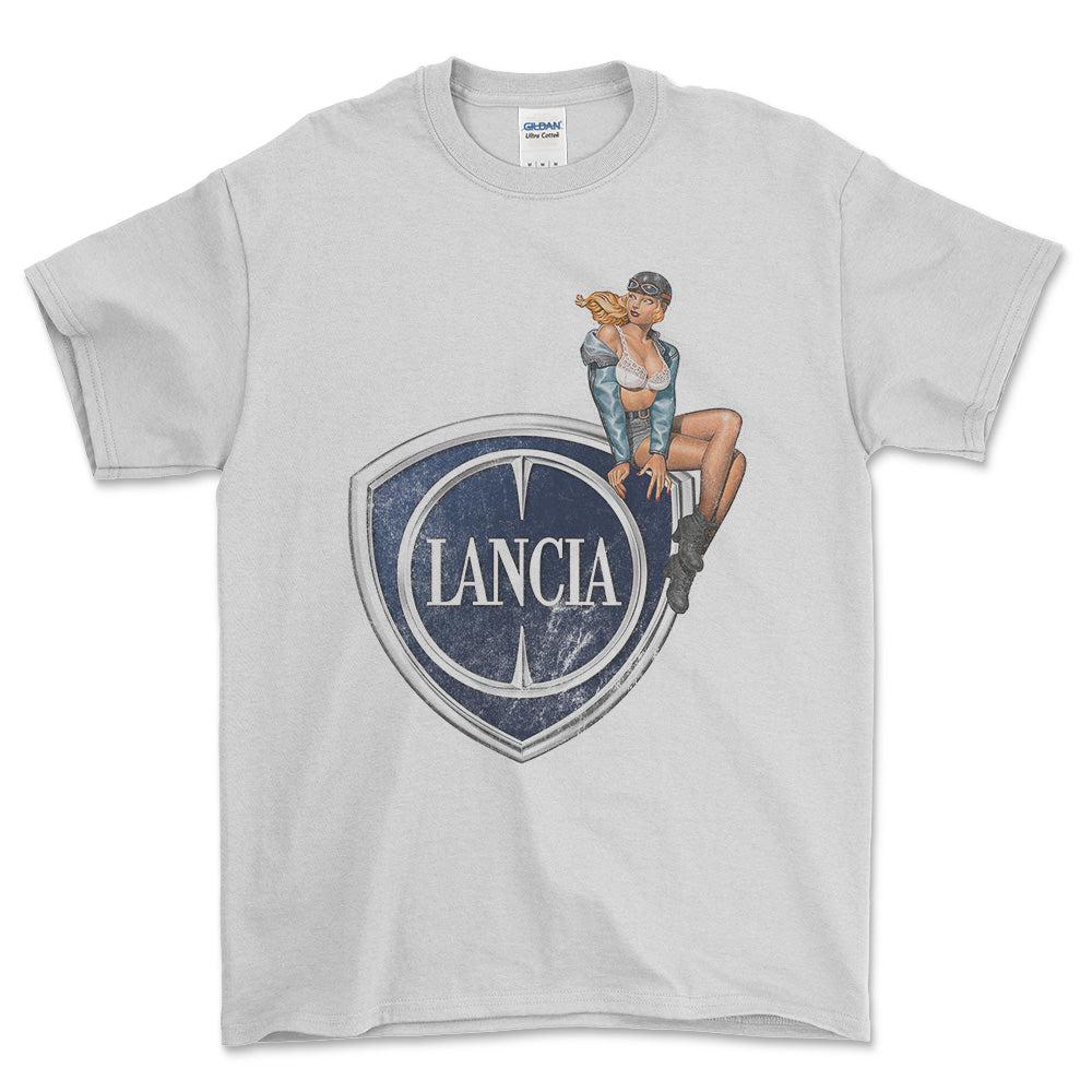 Lancia Pinup - Unisex T-Shirt , Bomuld-Beklædning-Lancia-Hvid-S-Forside-Garage Culture Shop- garage - man cave - merchandise