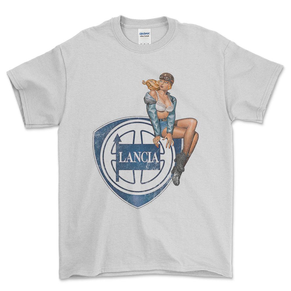Lancia Pinup - Unisex T-Shirt , Bomuld-Beklædning-Lancia-Hvid-S-Forside-Garage Culture Shop- garage - man cave - merchandise