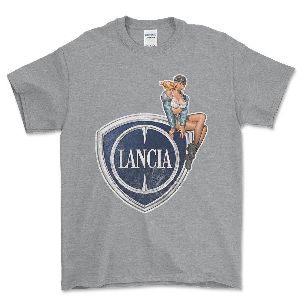 Lancia Pinup - Unisex T-Shirt , Bomuld-Beklædning-Lancia-Grå Sport-S-Forside-Garage Culture Shop- garage - man cave - merchandise