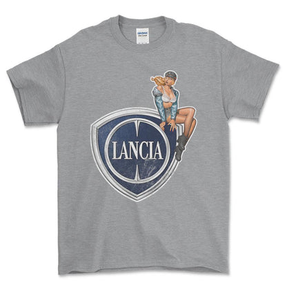 Lancia Pinup - Unisex T-Shirt , Bomuld-Beklædning-Lancia-Grå Sport-S-Forside-Garage Culture Shop- garage - man cave - merchandise