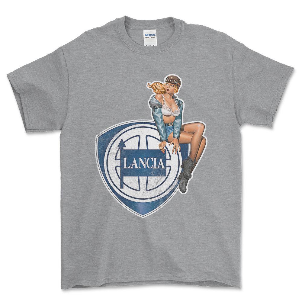Lancia Pinup - Unisex T-Shirt , Bomuld-Beklædning-Lancia-Grå Sport-S-Forside-Garage Culture Shop- garage - man cave - merchandise