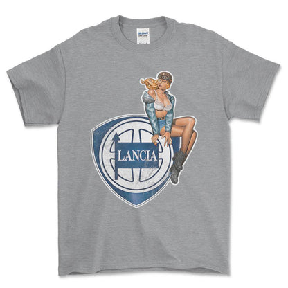 Lancia Pinup - Unisex T-Shirt , Bomuld-Beklædning-Lancia-Grå Sport-S-Forside-Garage Culture Shop- garage - man cave - merchandise