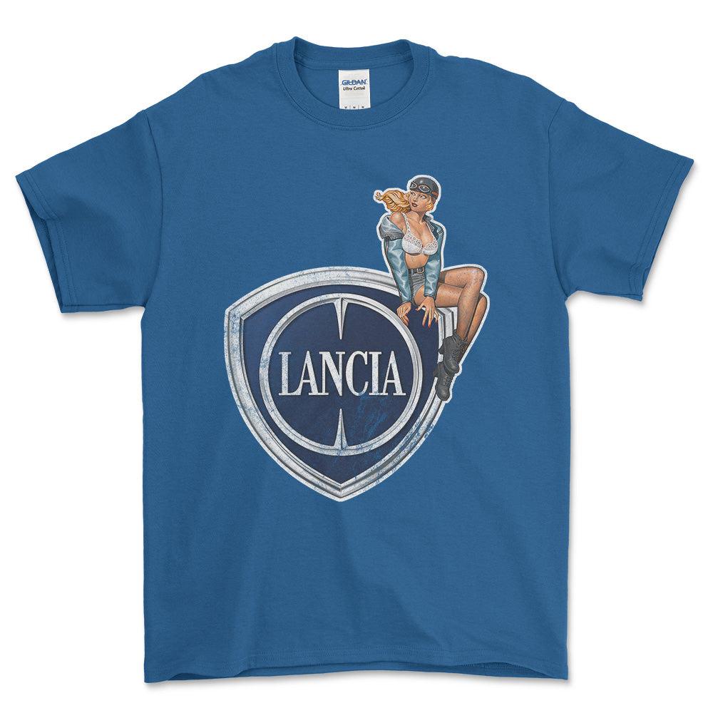 Lancia Pinup - Unisex T-Shirt , Bomuld-Beklædning-Lancia-Blå Royal-S-Forside-Garage Culture Shop- garage - man cave - merchandise