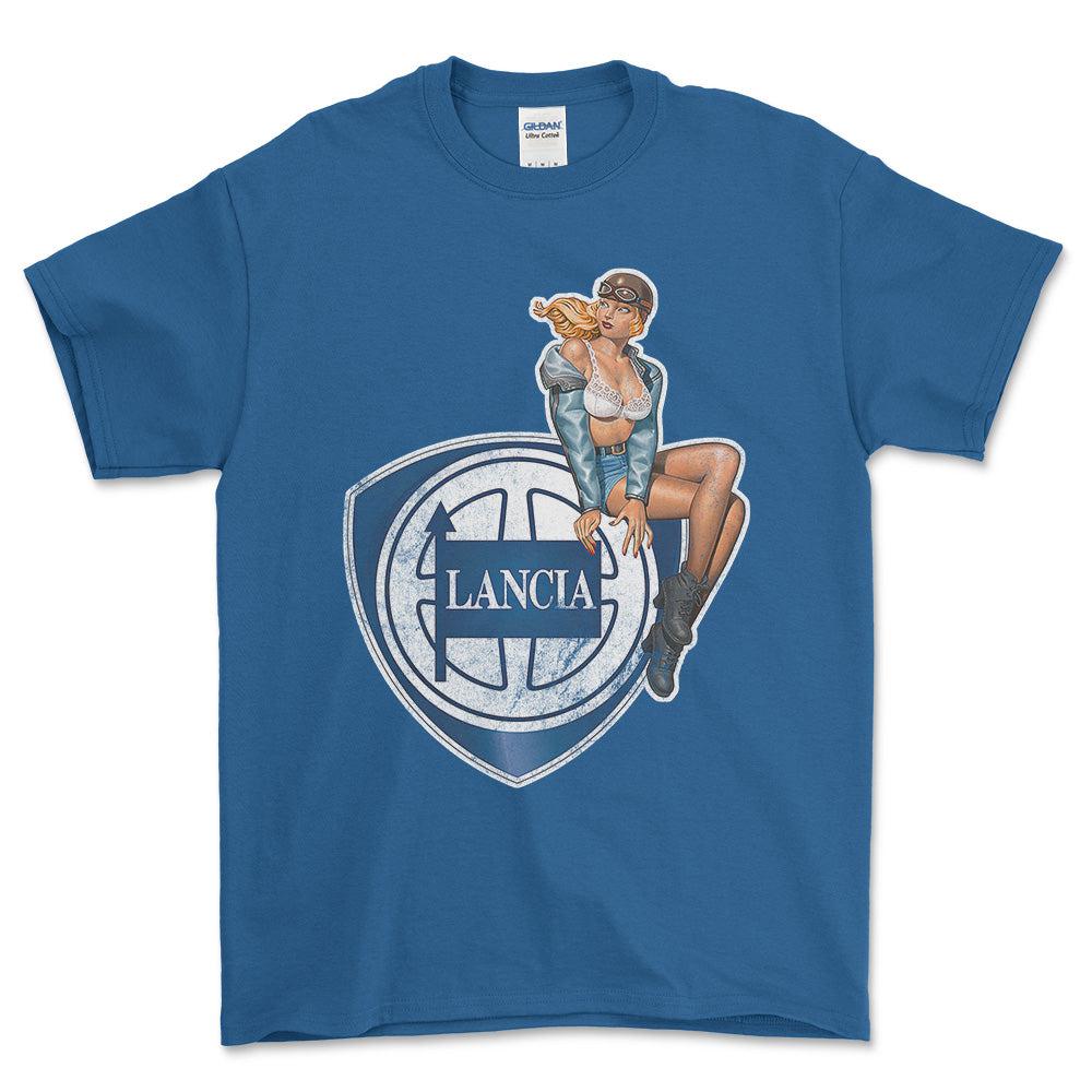 Lancia Pinup - Unisex T-Shirt , Bomuld-Beklædning-Lancia-Blå Royal-S-Forside-Garage Culture Shop- garage - man cave - merchandise