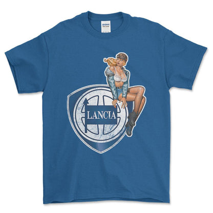 Lancia Pinup - Unisex T-Shirt , Bomuld-Beklædning-Lancia-Blå Royal-S-Forside-Garage Culture Shop- garage - man cave - merchandise