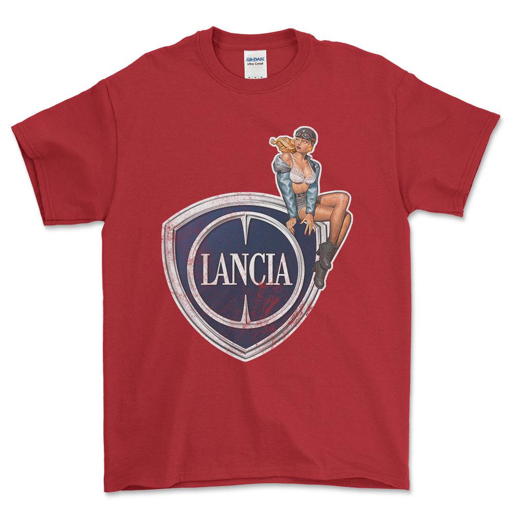 Lancia Pinup - Unisex T-Shirt , Bomuld-Beklædning-Lancia-Rød-S-Forside-Garage Culture Shop- garage - man cave - merchandise
