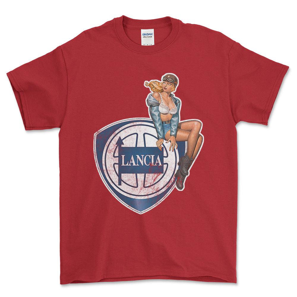 Lancia Pinup - Unisex T-Shirt , Bomuld-Beklædning-Lancia-Rød-S-Forside-Garage Culture Shop- garage - man cave - merchandise