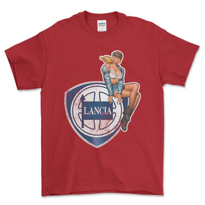 Lancia Pinup - Unisex T-Shirt , Bomuld-Beklædning-Lancia-Rød-S-Forside-Garage Culture Shop- garage - man cave - merchandise