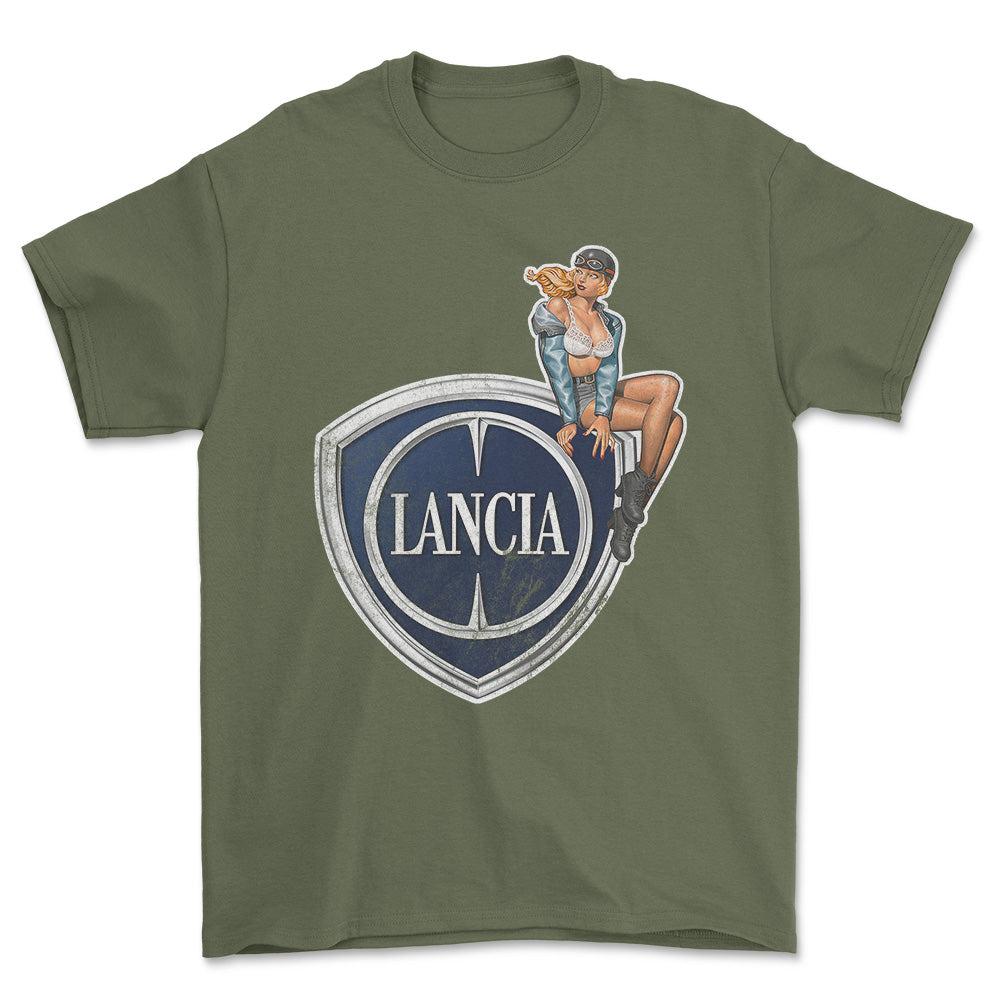 Lancia Pinup - Unisex T-Shirt , Bomuld-Beklædning-Lancia-Grøn Militær-S-Forside-Garage Culture Shop- garage - man cave - merchandise