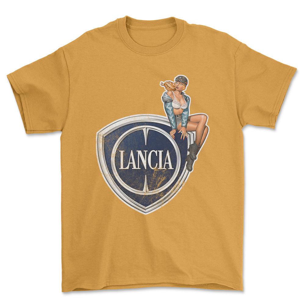 Lancia Pinup - Unisex T-Shirt , Bomuld-Beklædning-Lancia-Guld-S-Forside-Garage Culture Shop- garage - man cave - merchandise