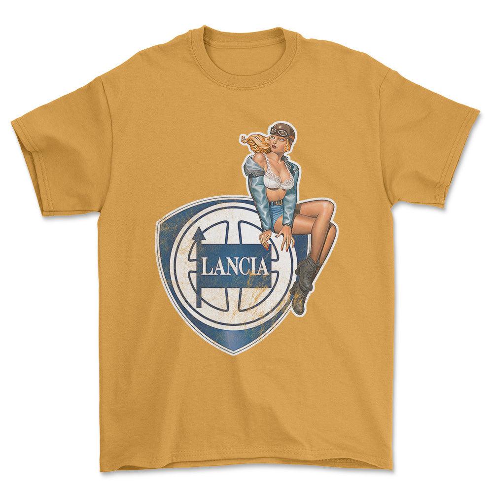 Lancia Pinup - Unisex T-Shirt , Bomuld-Beklædning-Lancia-Guld-S-Forside-Garage Culture Shop- garage - man cave - merchandise