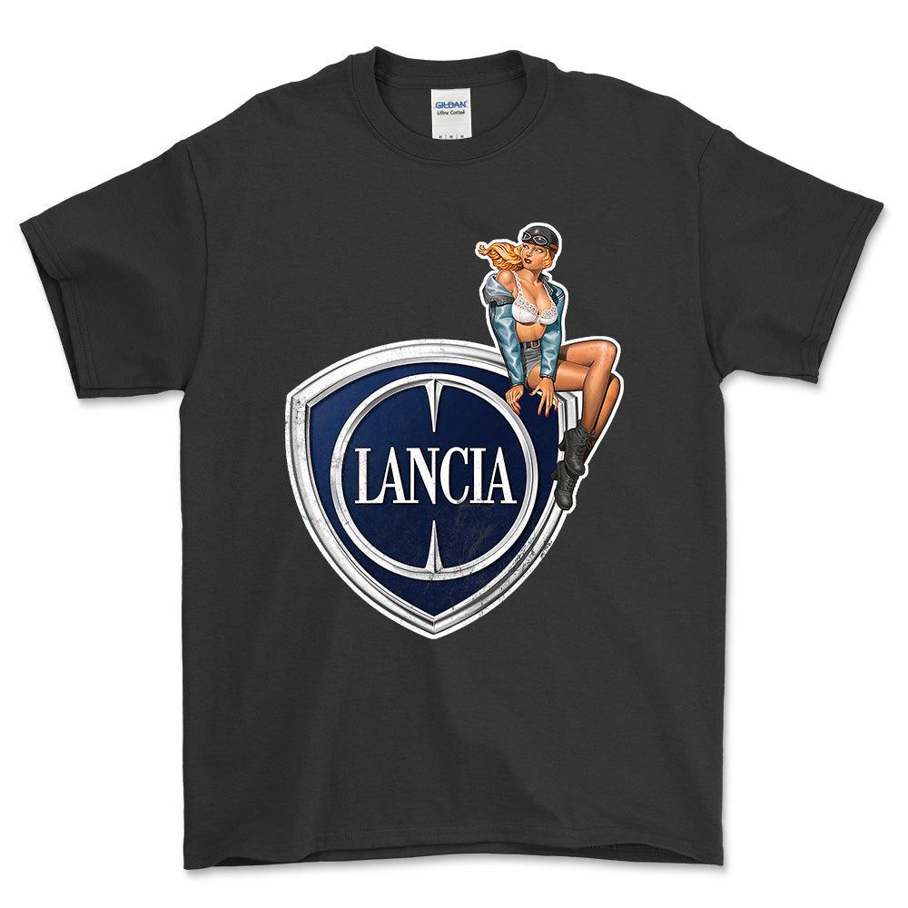 Lancia Pinup - Unisex T-Shirt , Bomuld-Beklædning-Lancia-Sort-S-Forside-Garage Culture Shop- garage - man cave - merchandise