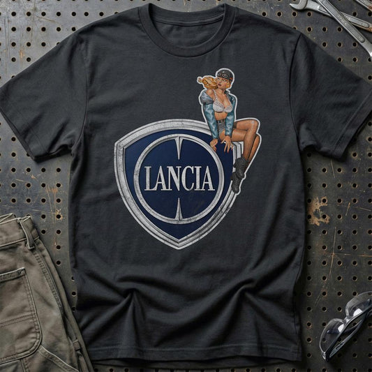 Lancia Pinup - Unisex T-Shirt , Bomuld-Beklædning-Lancia-Sort-S-Garage Culture Shop- garage - man cave - merchandise