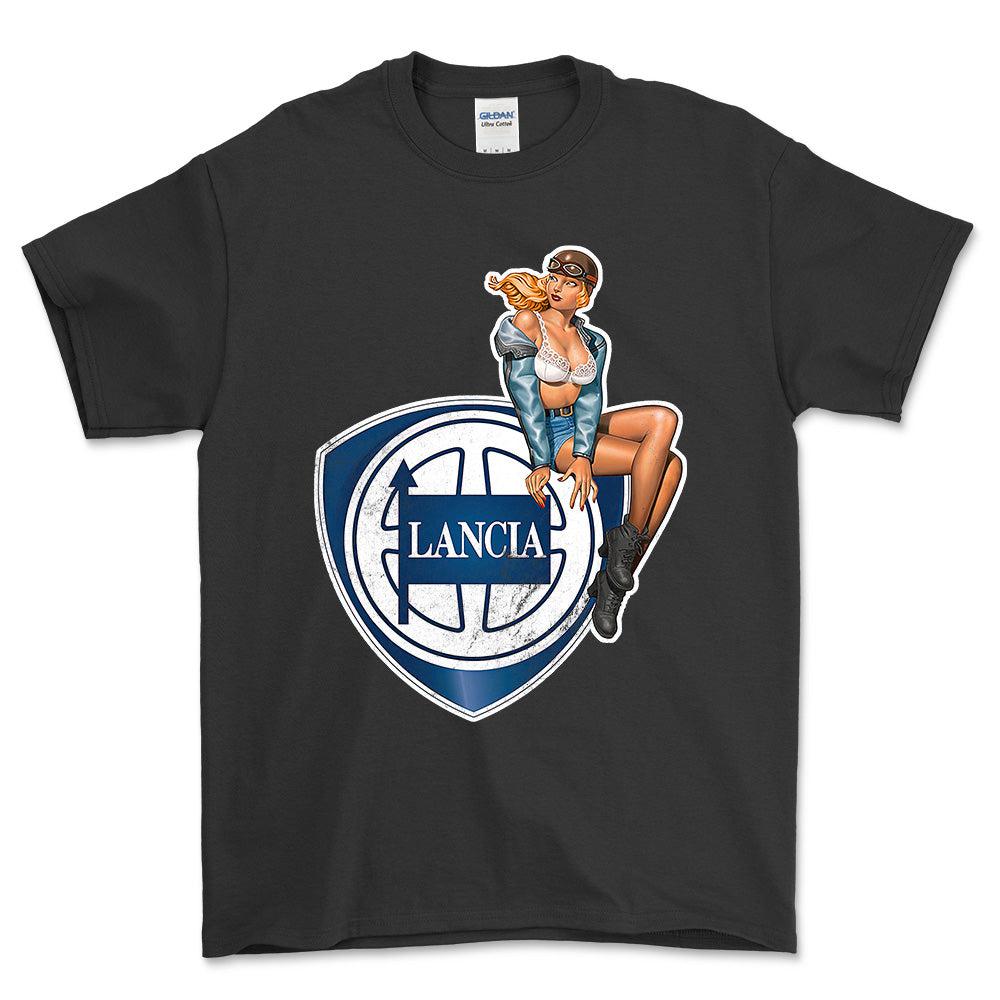 Lancia Pinup - Unisex T-Shirt , Bomuld-Beklædning-Lancia-Sort-S-Forside-Garage Culture Shop- garage - man cave - merchandise