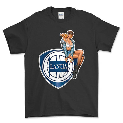 Lancia Pinup - Unisex T-Shirt , Bomuld-Beklædning-Lancia-Sort-S-Forside-Garage Culture Shop- garage - man cave - merchandise