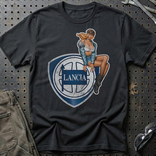 Lancia Pinup - Unisex T-Shirt , Bomuld-Beklædning-Lancia-Sort-S-Garage Culture Shop- garage - man cave - merchandise