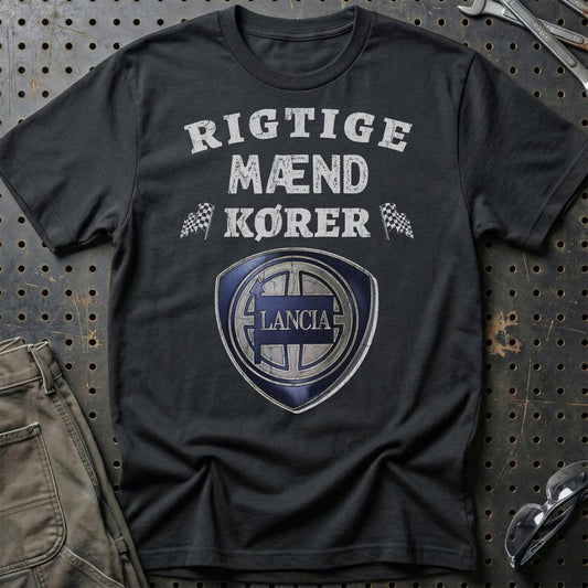 Lancia Rigtige Mænd Kører - Unisex T-Shirt , Bomuld-Beklædning-Lancia-Sort-S-Garage Culture Shop- garage - man cave - merchandise