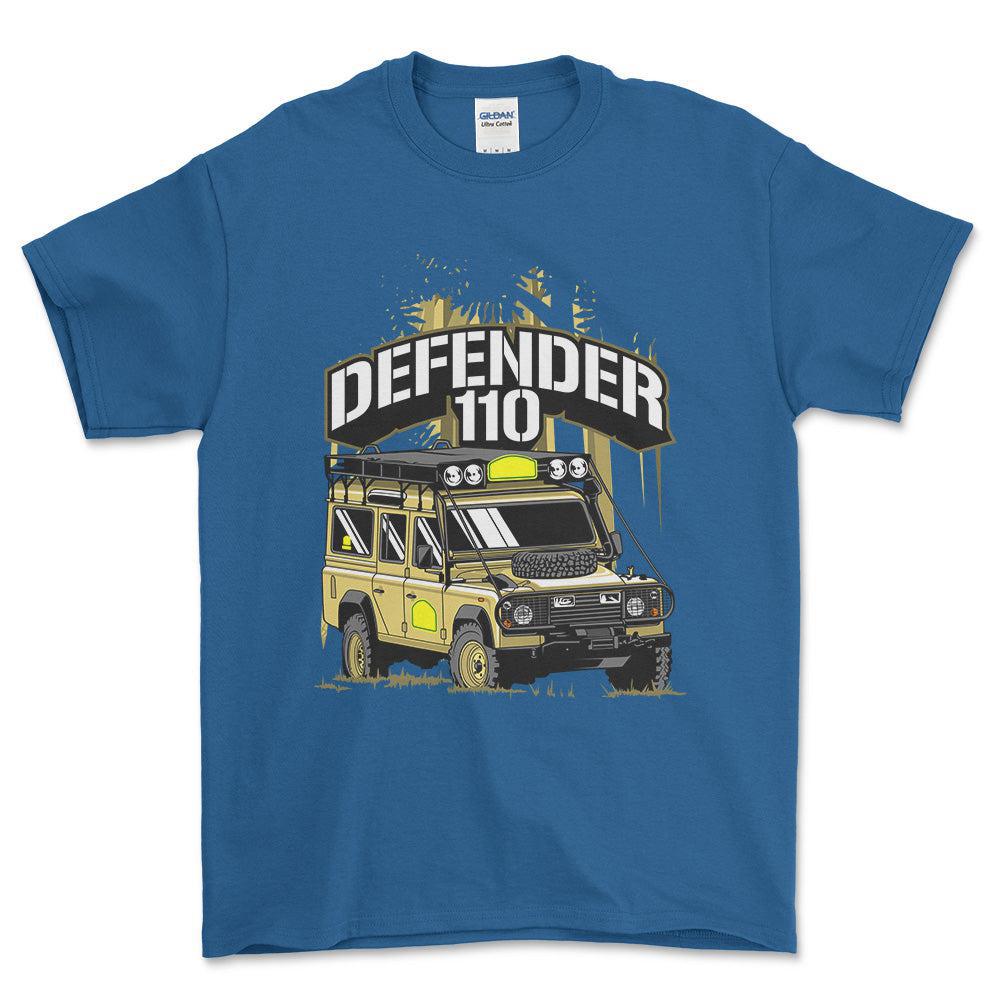 Land Rover Defender 110 - Unisex T-Shirt , Bomuld-Beklædning-Land Rover-Blå Royal-S-Forside-Garage Culture Shop- garage - man cave - merchandise