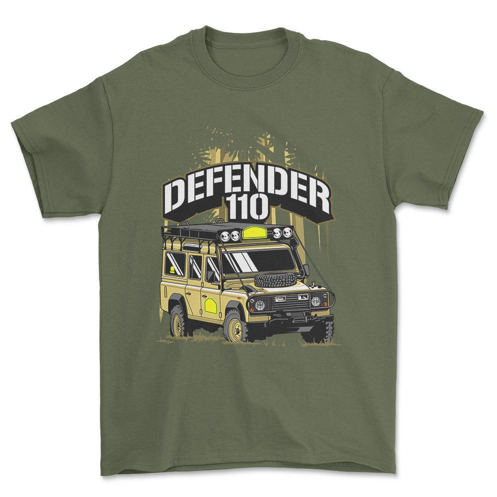Land Rover Defender 110 - Unisex T-Shirt , Bomuld-Beklædning-Land Rover-Grøn Militær-S-Forside-Garage Culture Shop- garage - man cave - merchandise